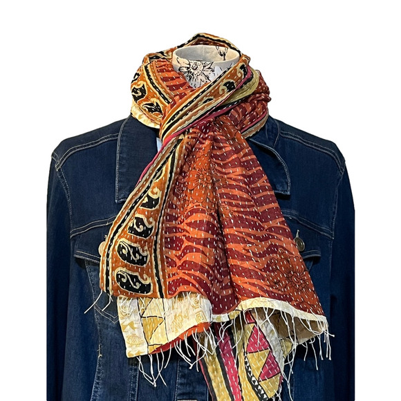 Hand Crafted Accessories - KANTHA SCARF REVERSIBLE TWO SIDED SARI HEAD WRAP DECOR LINEN SARONG